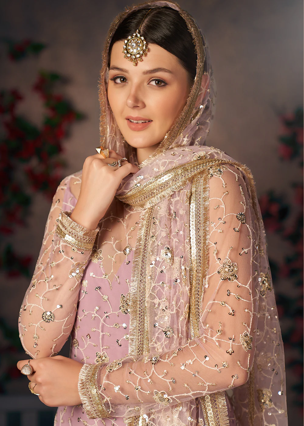 Light Lavender All Over Thread Work Net Churidar Suit - Image 2