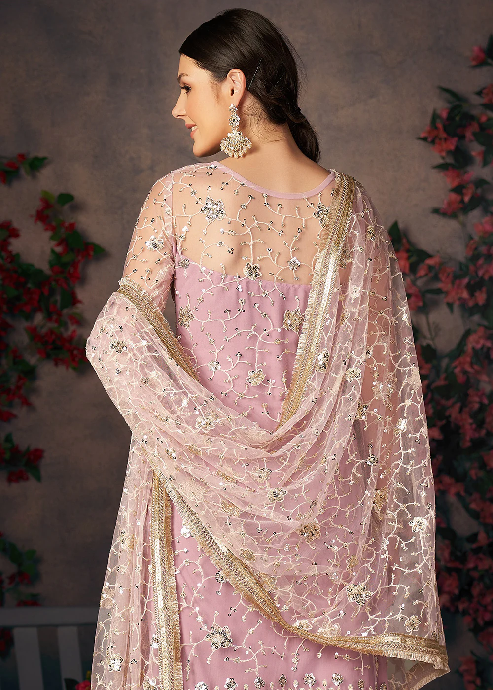 Light Lavender All Over Thread Work Net Churidar Suit - Image 3
