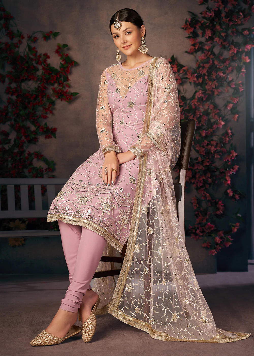 Light Lavender All Over Thread Work Net Churidar Suit - Image 4