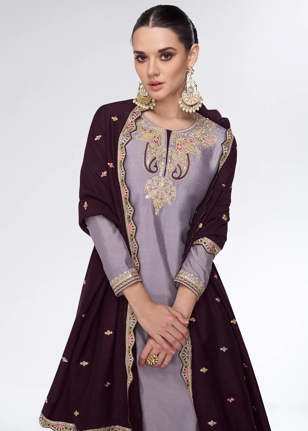 Light Lavender Embroidred Wedding Lehenga Kurti Set - Image 2