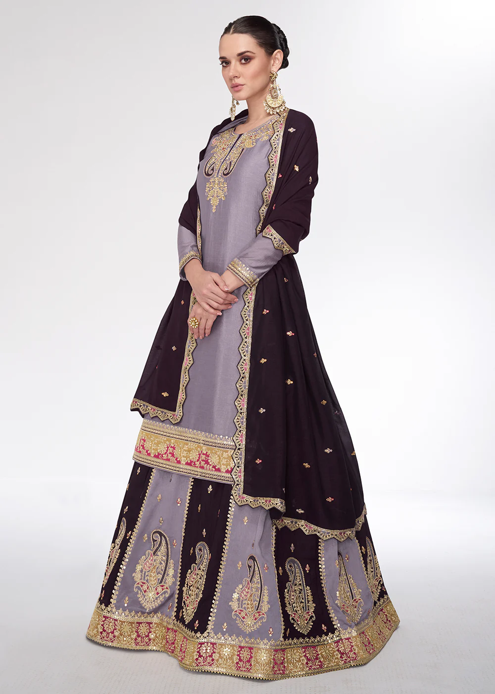 Light Lavender Embroidred Wedding Lehenga Kurti Set - Image 3