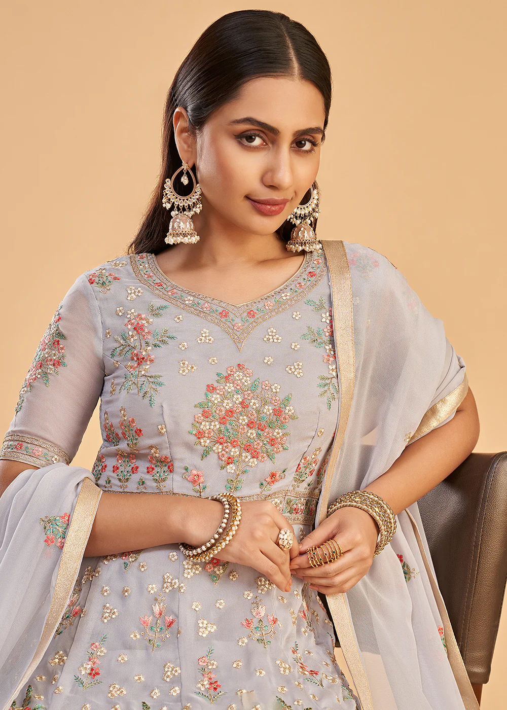 Light Lavender Multi Thread Embroidered Georgette Anarkali Gown - Image 2