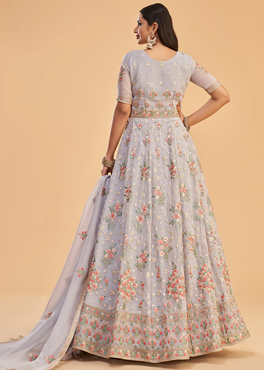 Light Lavender Multi Thread Embroidered Georgette Anarkali Gown - Image 3