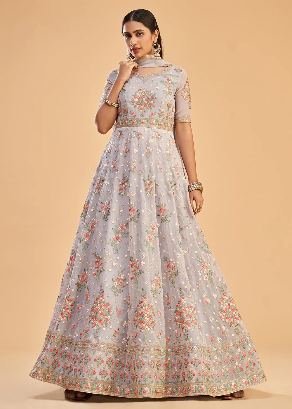 Light Lavender Multi Thread Embroidered Georgette Anarkali Gown - Image 4
