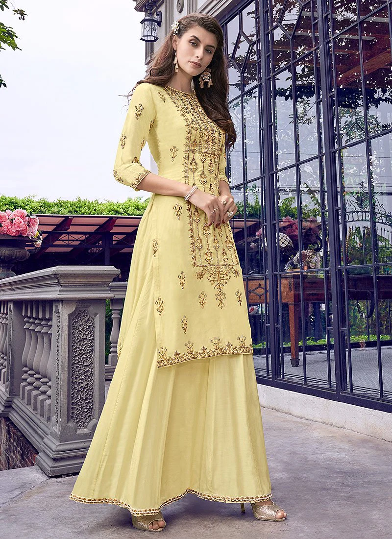 Light Lemon Embroidered Muslin Designer Sharara Suit - Image 3
