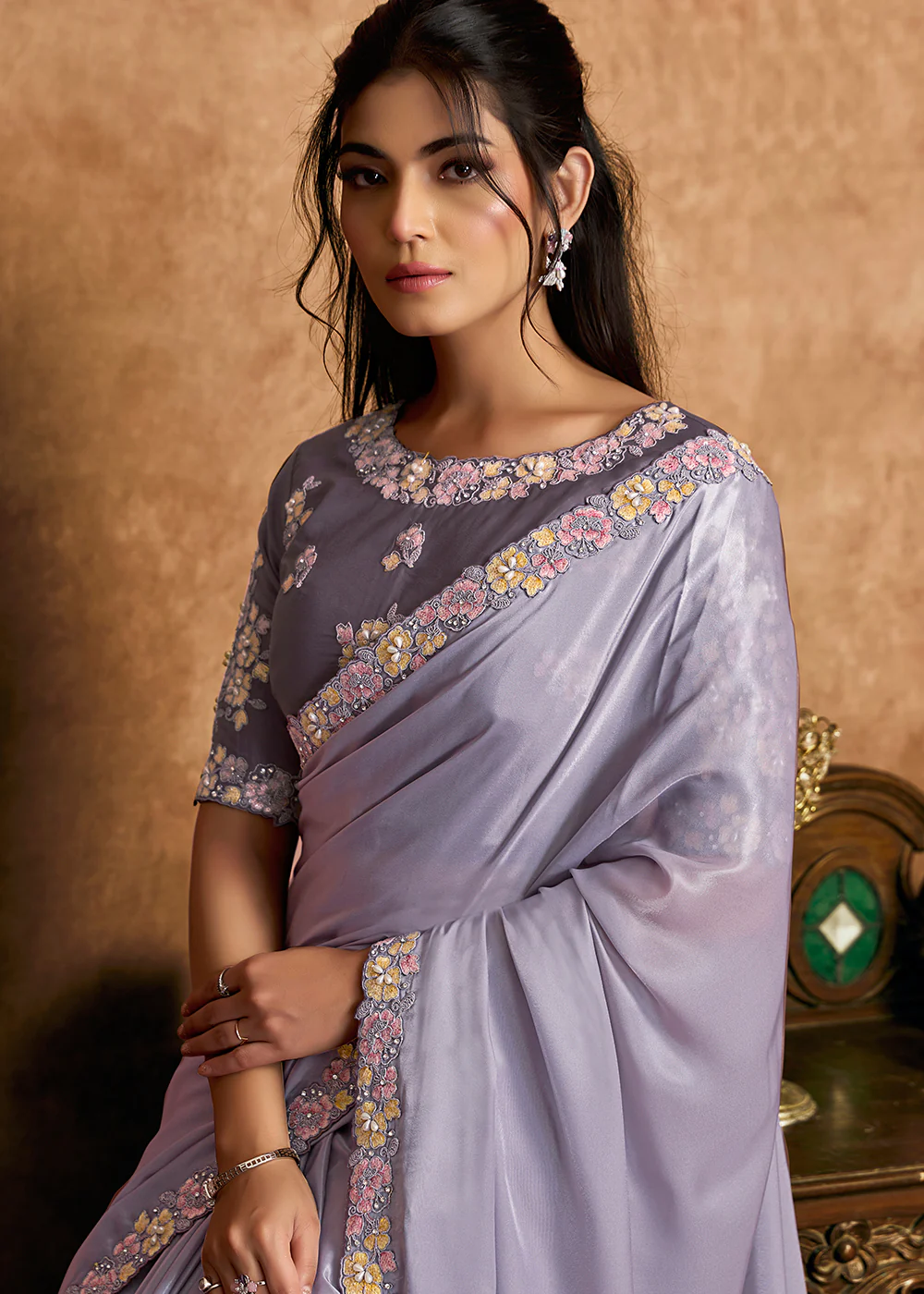 Light Lilac Embroidered Wedding Festive Wear Saree - Image 3
