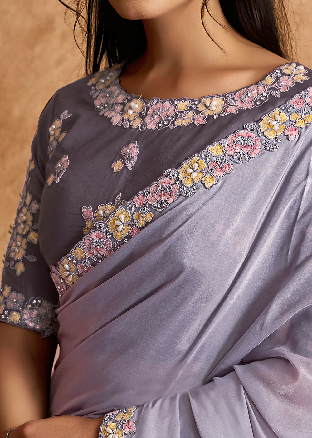 Light Lilac Embroidered Wedding Festive Wear Saree - Image 5