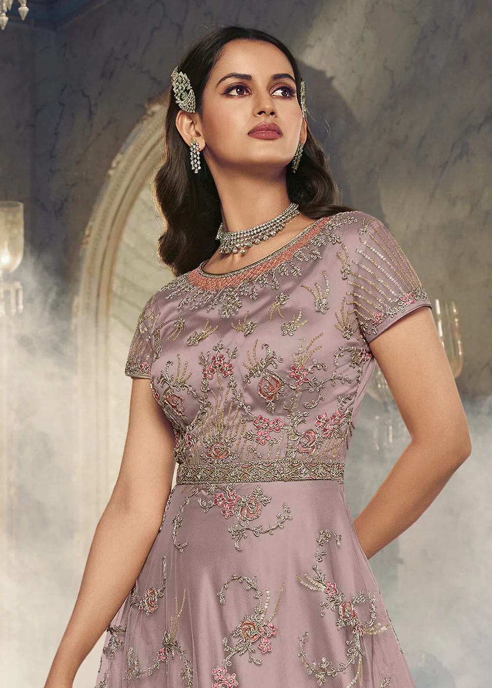 Light Mauve Wedding Party Net Designer Anarkali Suit - Image 2
