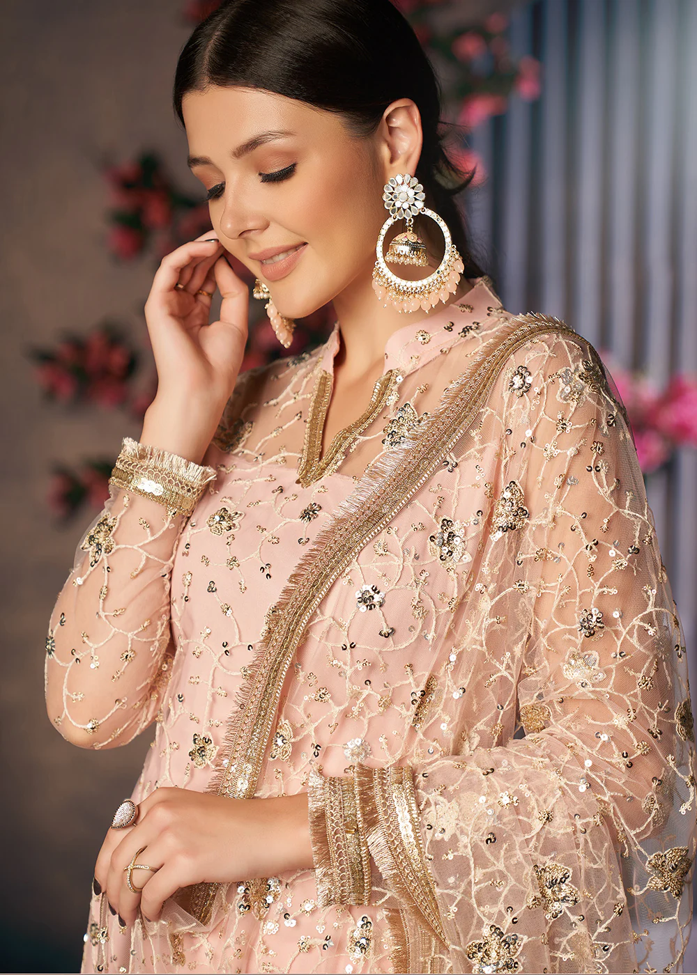 Light Peach All Over Thread Work Net Churidar Suit - Image 2