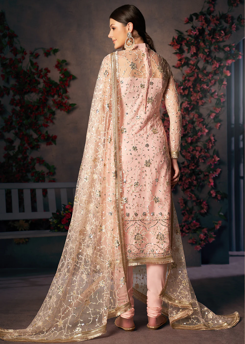 Light Peach All Over Thread Work Net Churidar Suit - Image 3