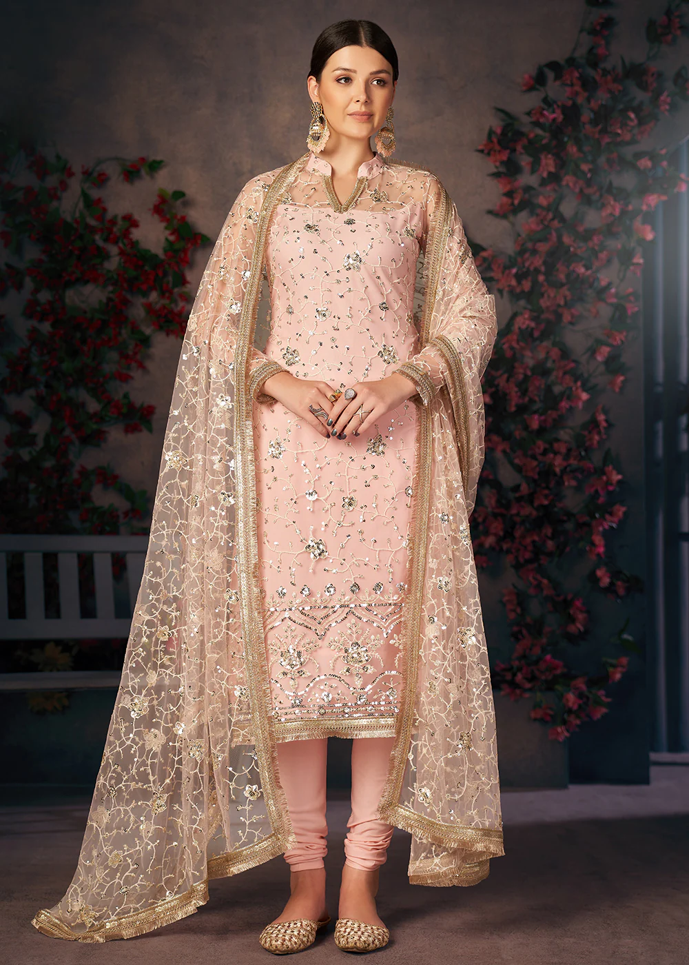 Light Peach All Over Thread Work Net Churidar Suit - Image 4