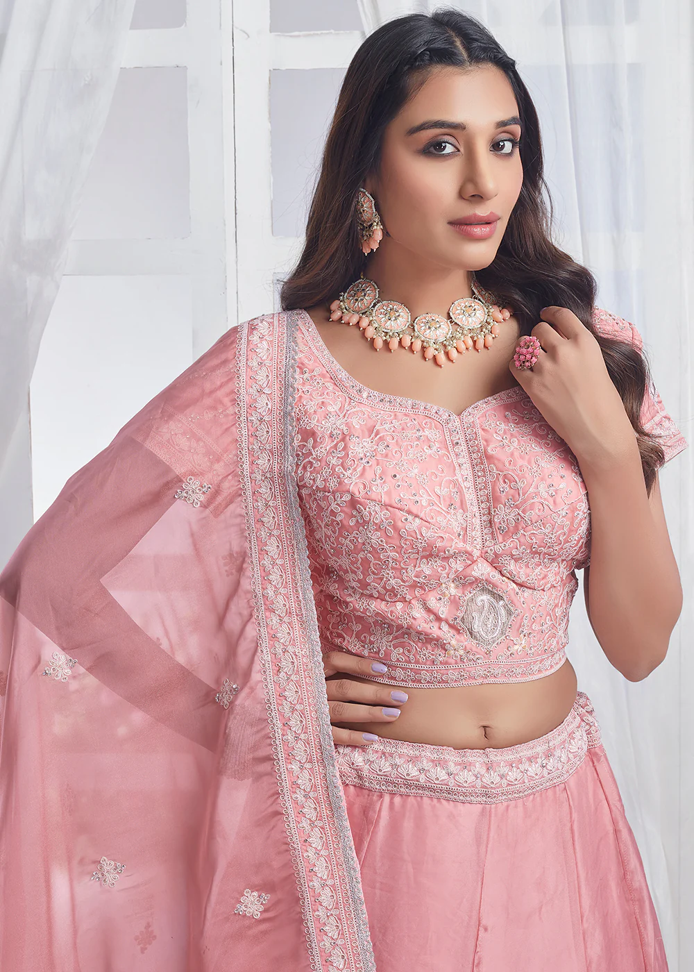 Light Peach Designer Style Embroidered Wedding Lehenga Choli - Image 2