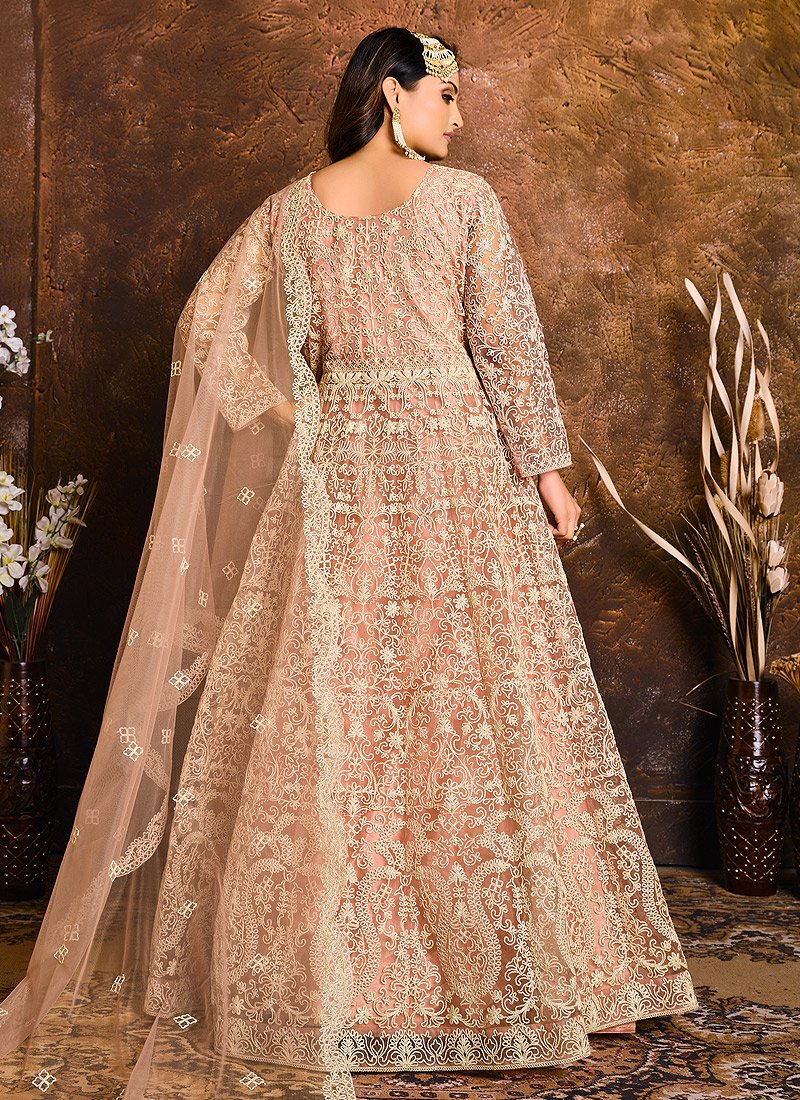 Light Peach Embroidered Net Bridal Anarkali Suit - Image 3