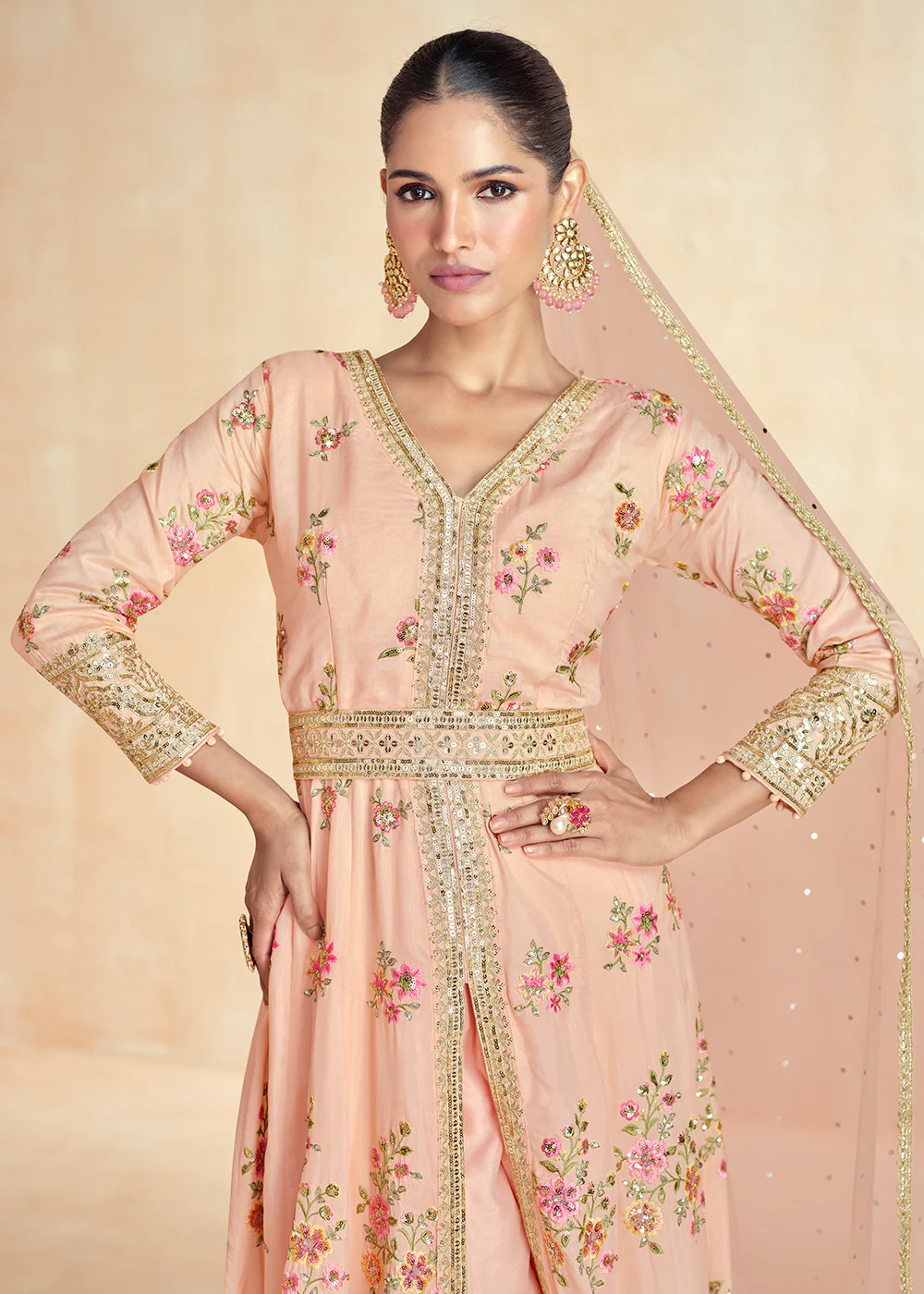 Light Peach Embroidered Slit Style Festive Anarkali Suit - Image 2
