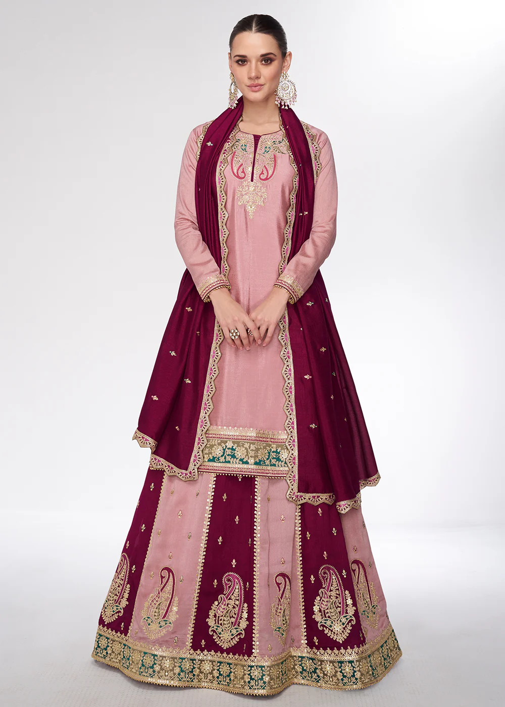 Peach Embroidred Wedding Lehenga Kurti Set - Image 3