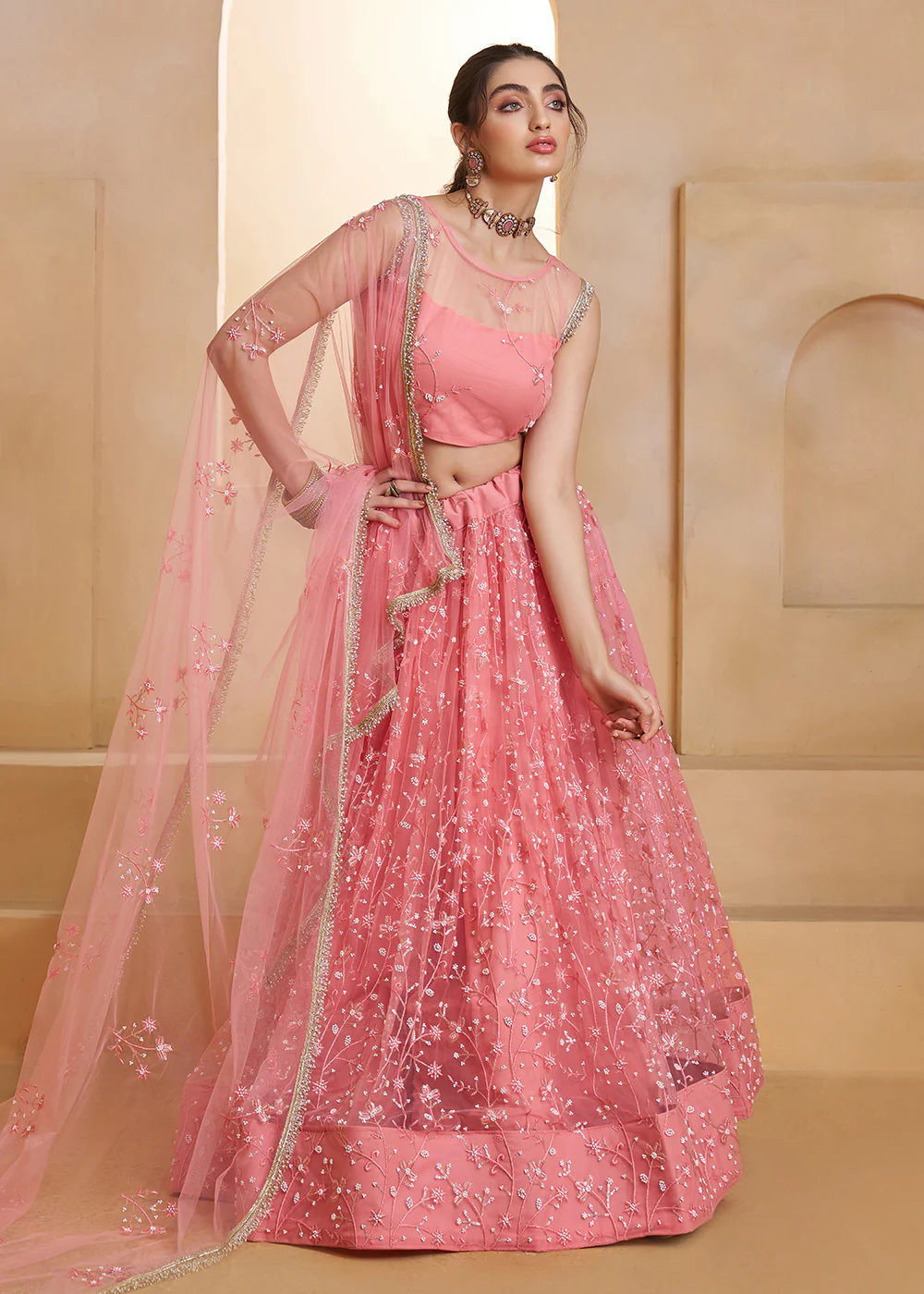 Light Pink Beats Embroidery Designer Lehenga Choli - Image 6