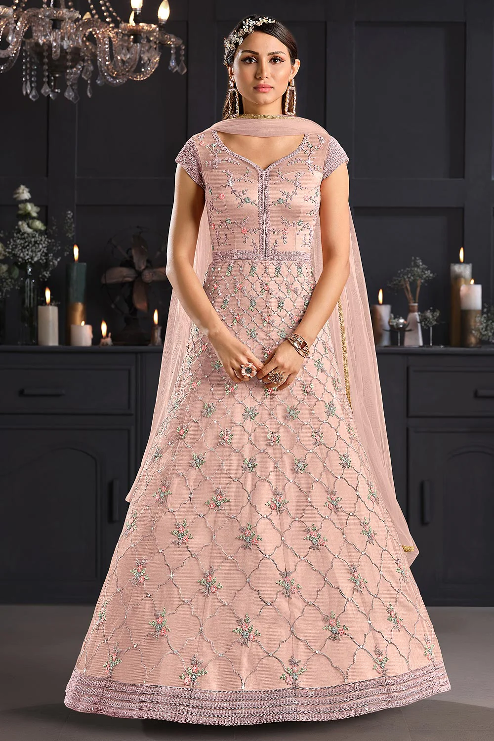 Light Pink Butterfly Net Wedding Anarkali Suit