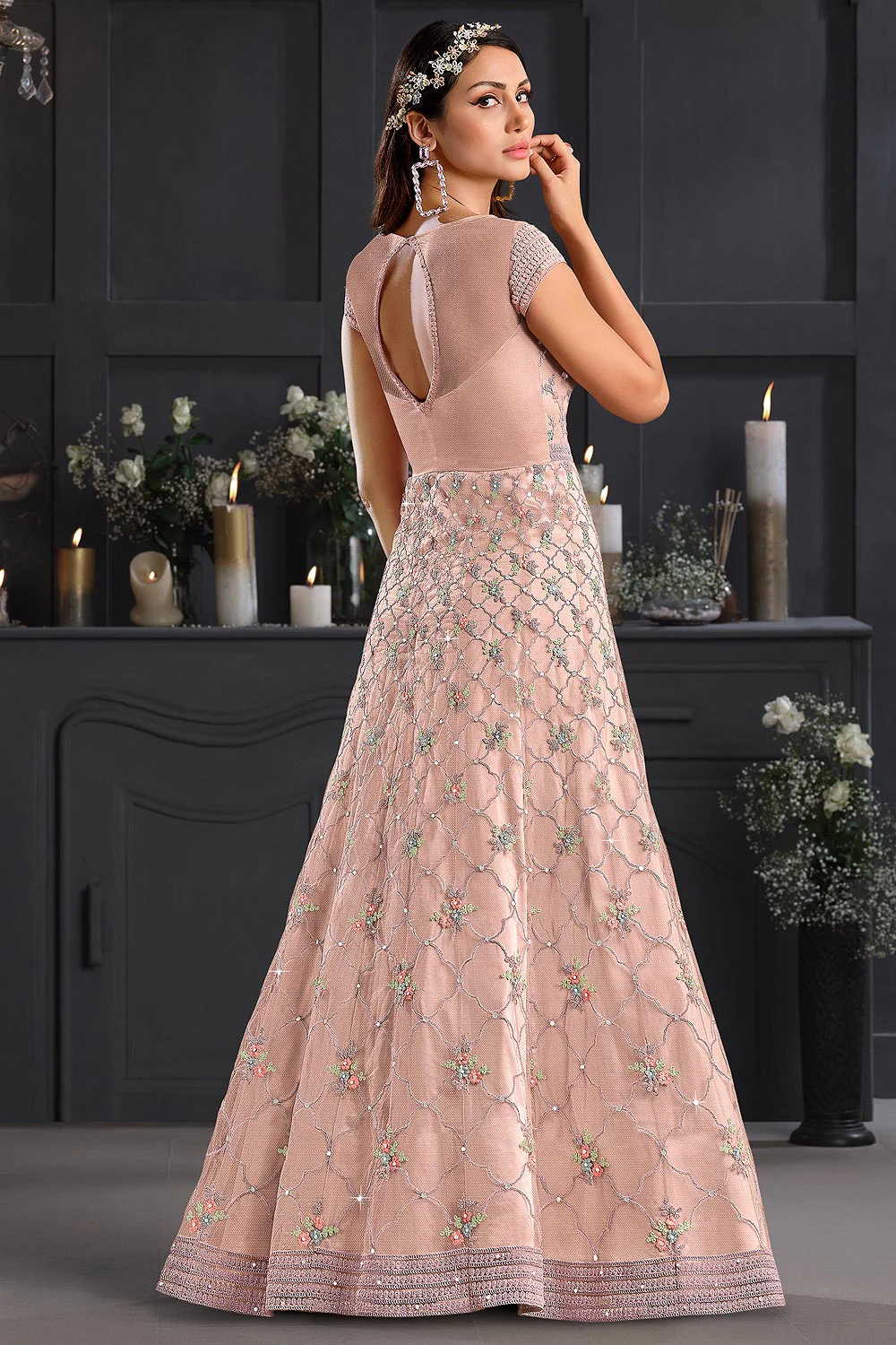 Light Pink Butterfly Net Wedding Anarkali Suit - Image 3
