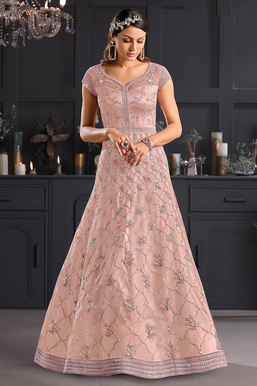 Light Pink Butterfly Net Wedding Anarkali Suit - Image 4