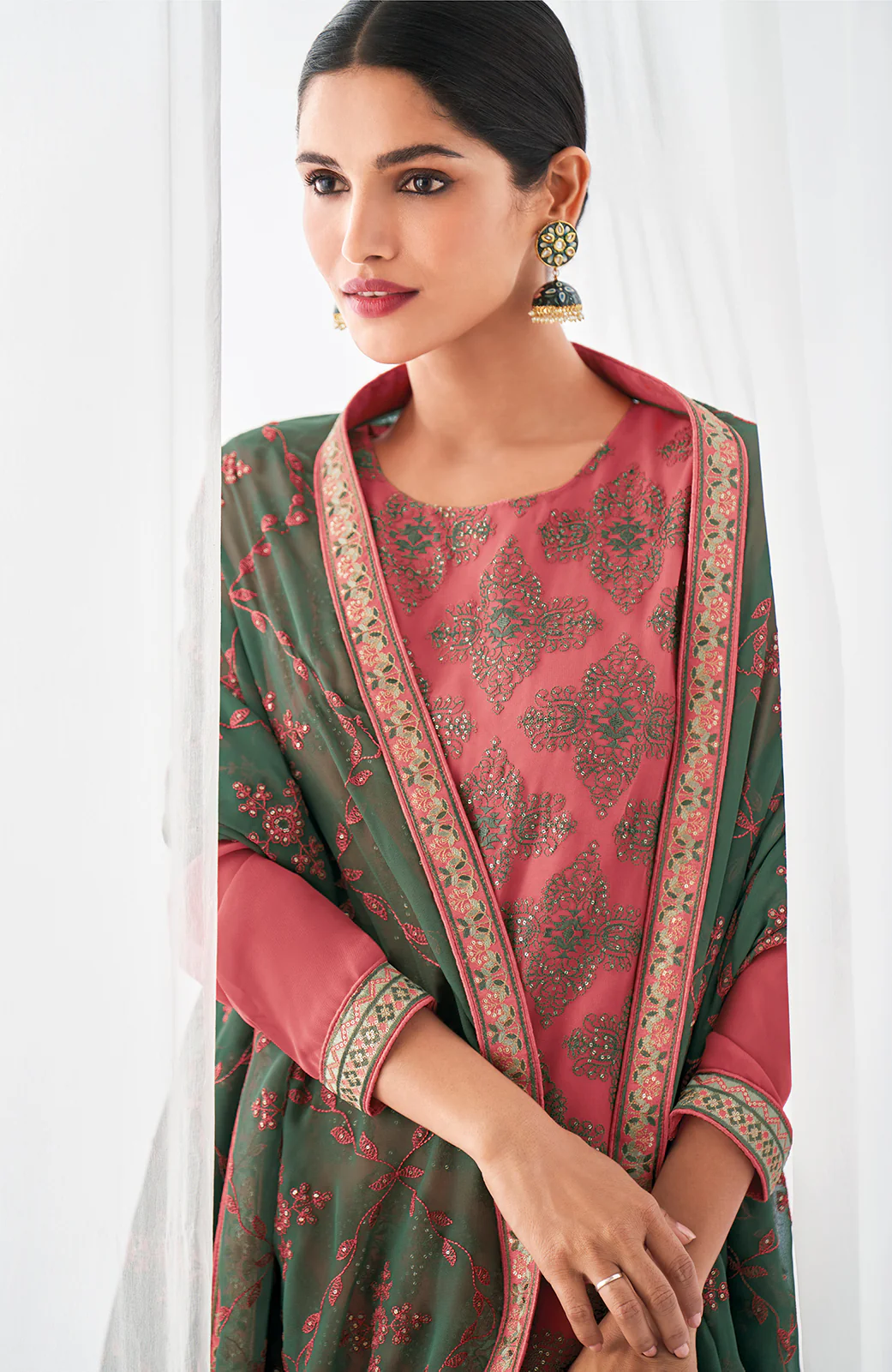 Light Pink Floral Motifs Embroidered Palazzo Pants Suits - Image 2
