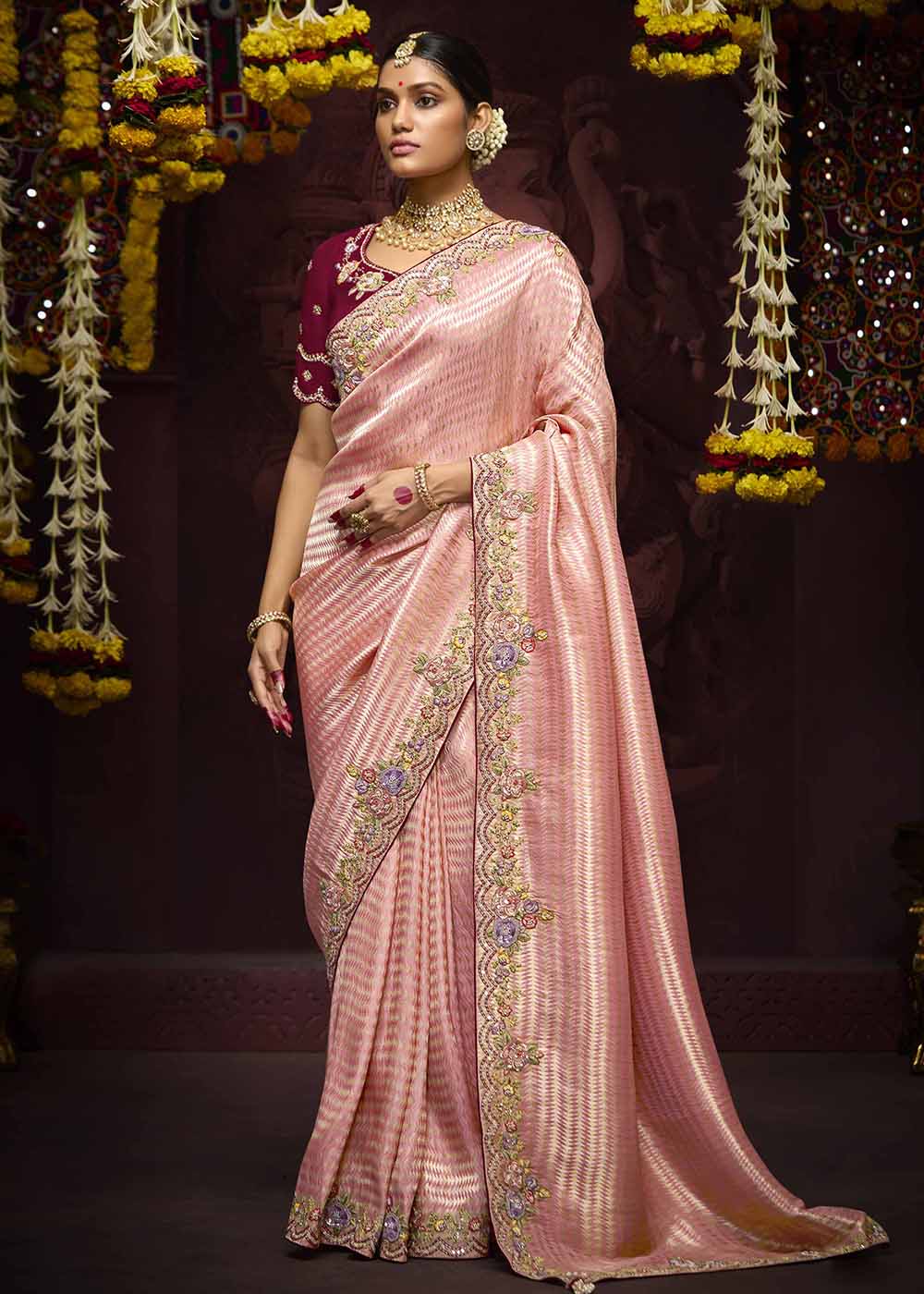 Light Pink Kanjivaram Silk Embroidered Designer Saree