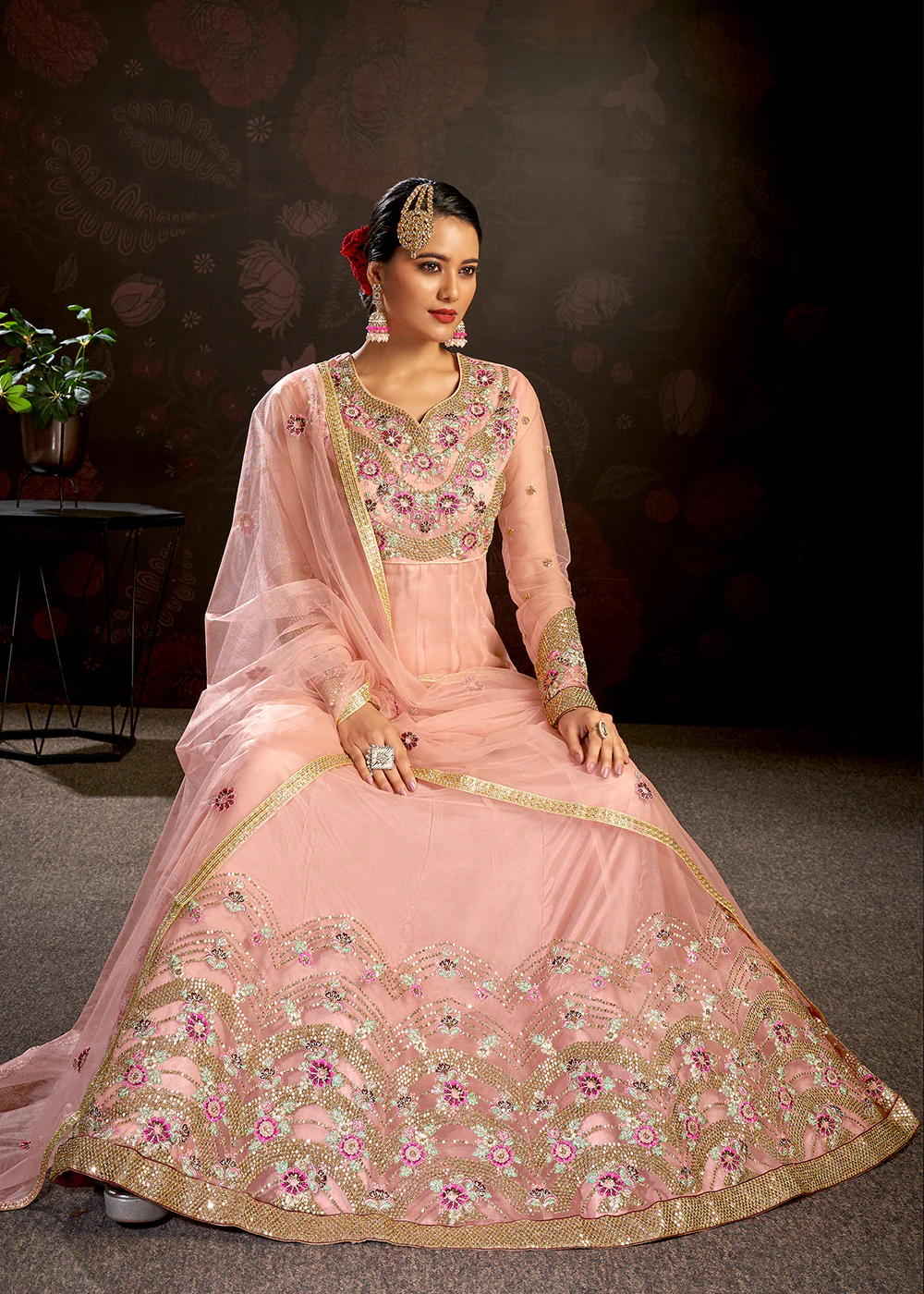 Light Pink Sparkly Net Embroidered Designer Anarkali Suit - Image 3
