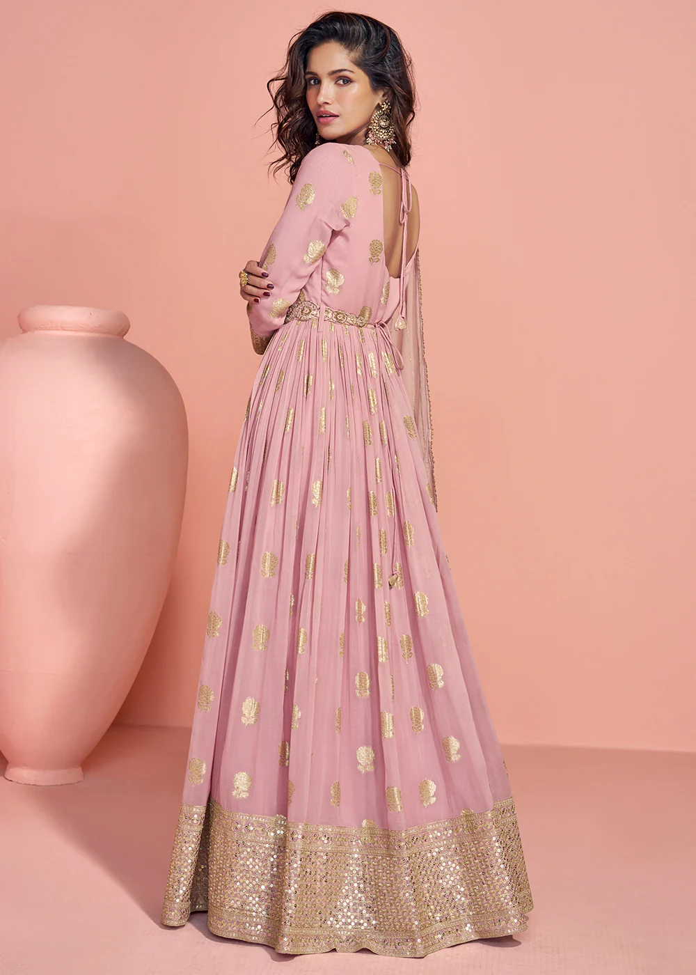 Light Pink Viscose Jacquard Silk Heavy Anarkali Gown - Image 3