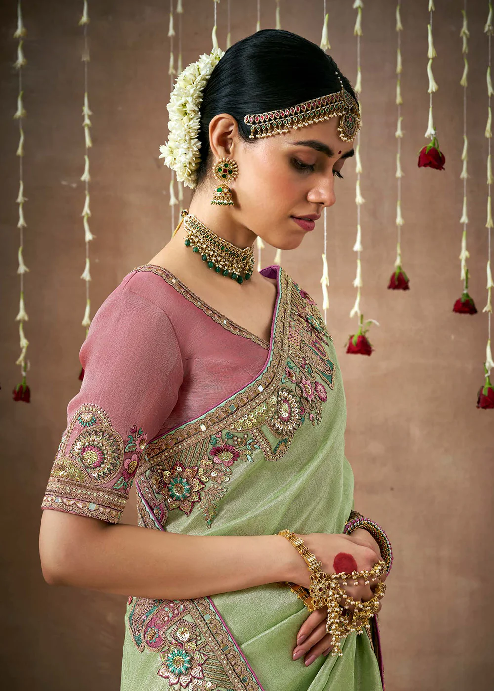 Light Pista Embroidered Silk Wedding Wear Saree - Image 2