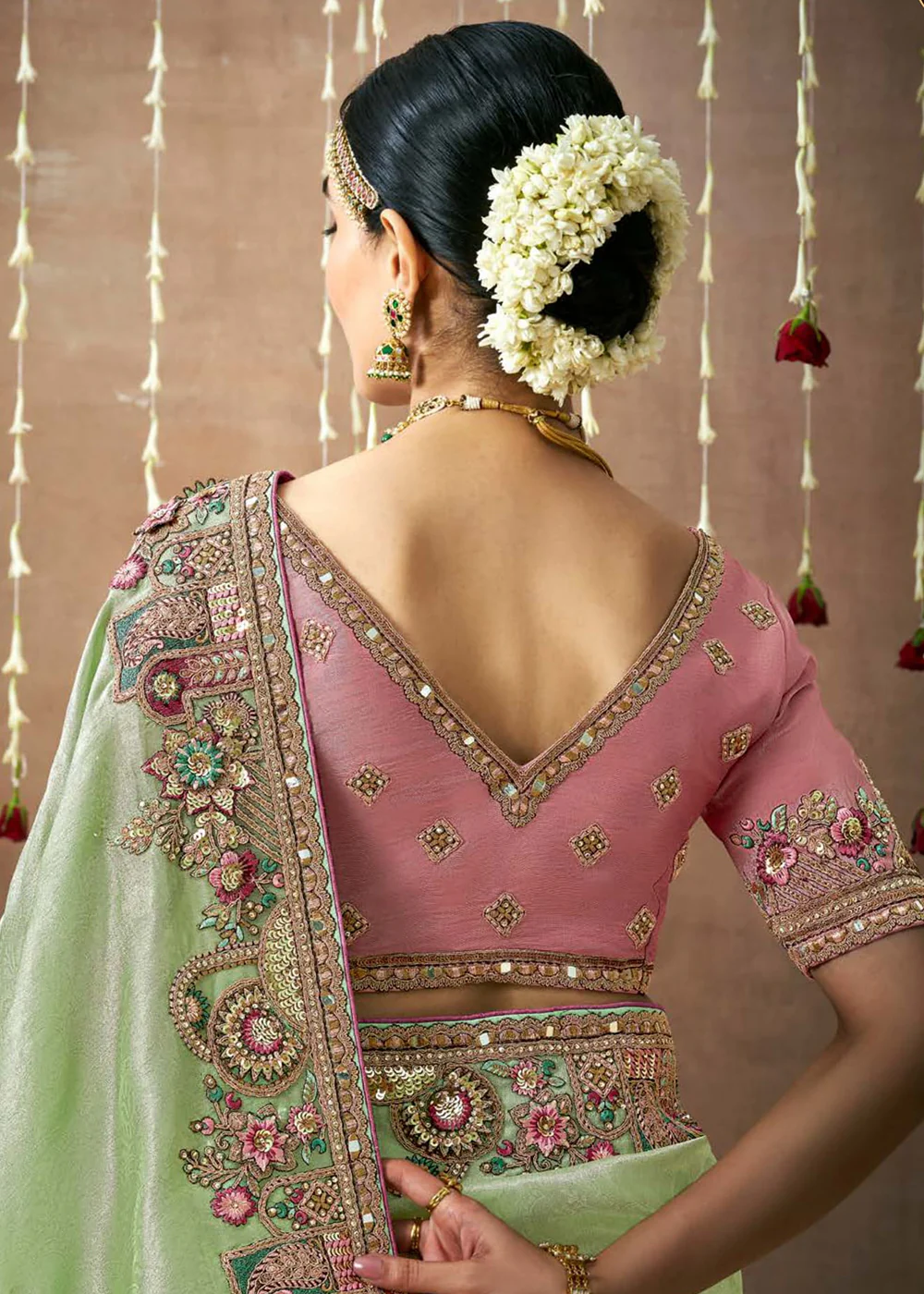 Light Pista Embroidered Silk Wedding Wear Saree - Image 3