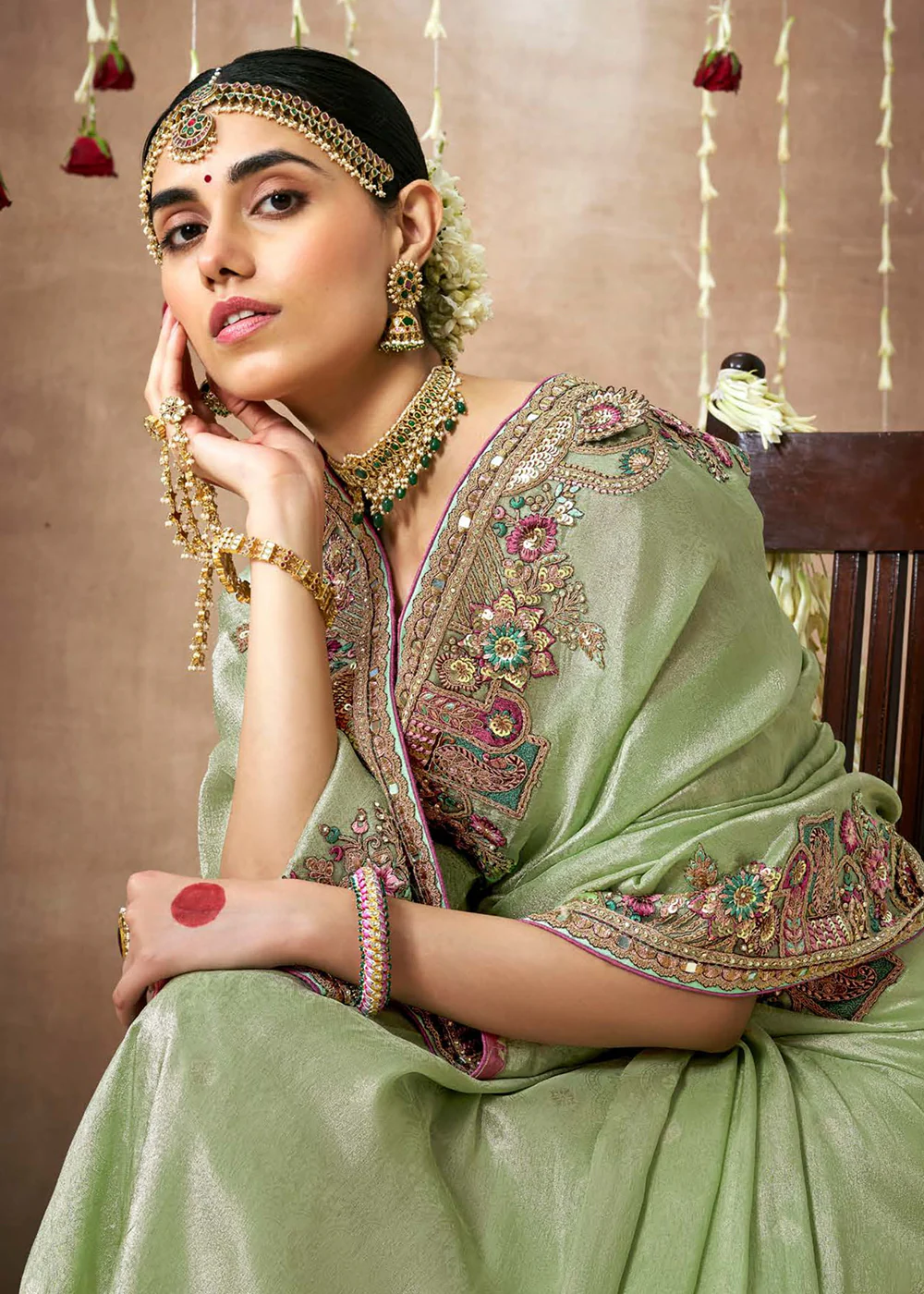 Light Pista Embroidered Silk Wedding Wear Saree - Image 4