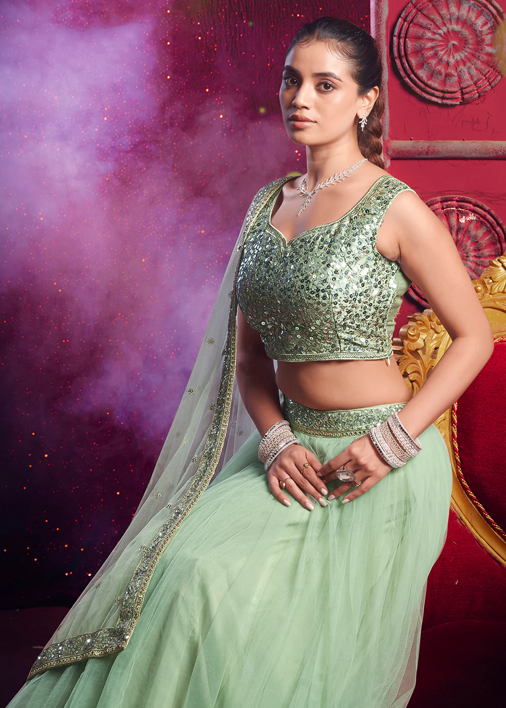 Light Pista Green Sequins Work Reception Lehenga Choli - Image 2