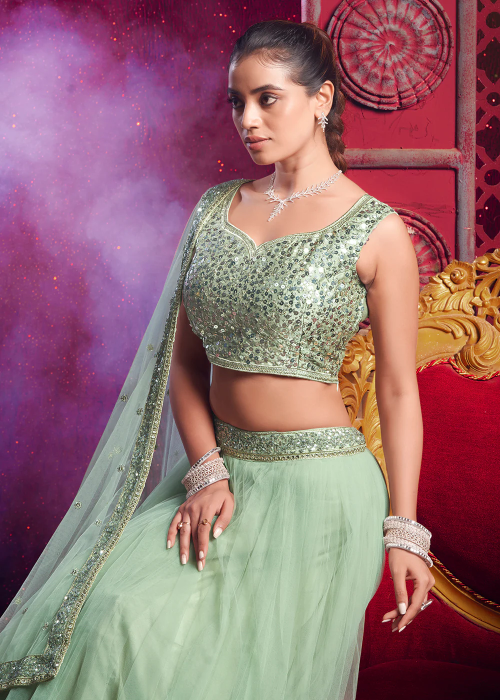 Light Pista Green Sequins Work Reception Lehenga Choli - Image 4