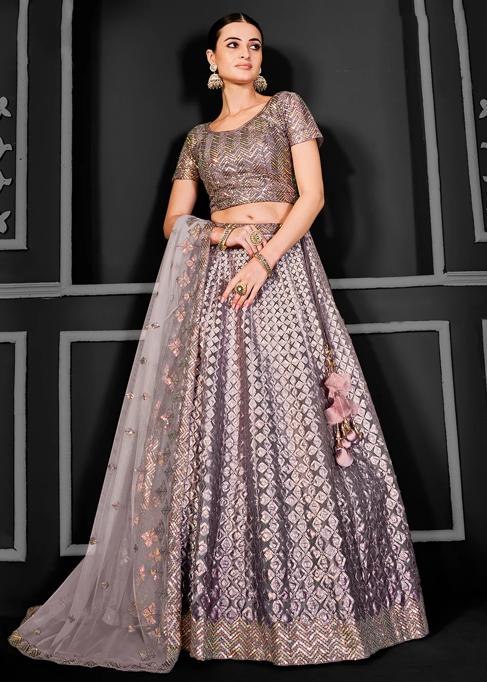 Light Purple Net Embroidered Bridal Party Lehenga Choli