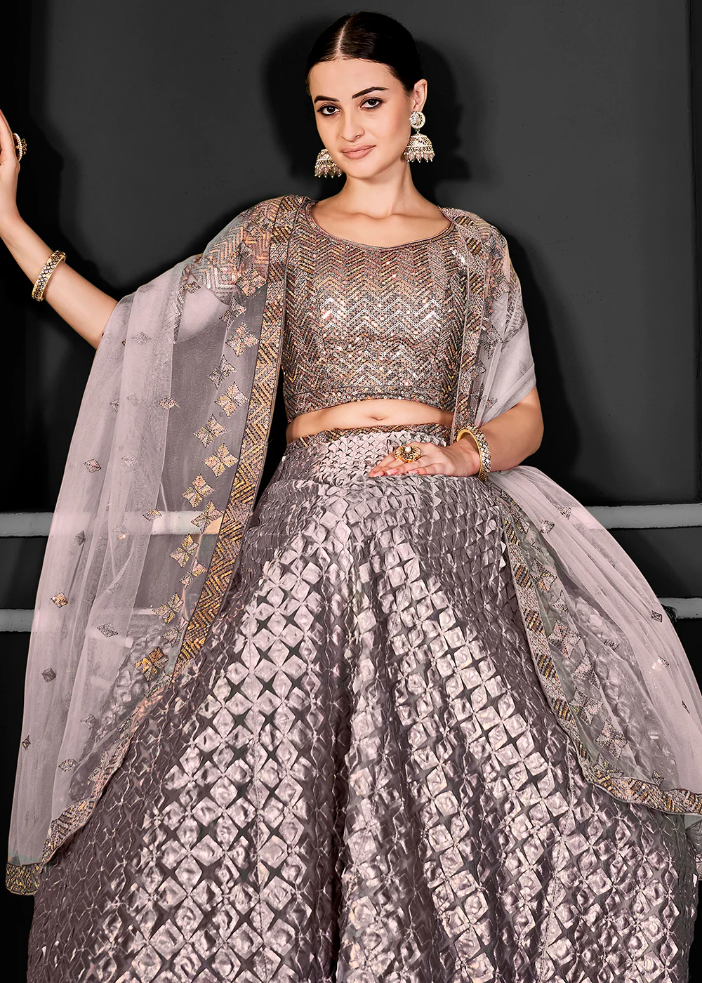 Light Purple Net Embroidered Bridal Party Lehenga Choli - Image 3