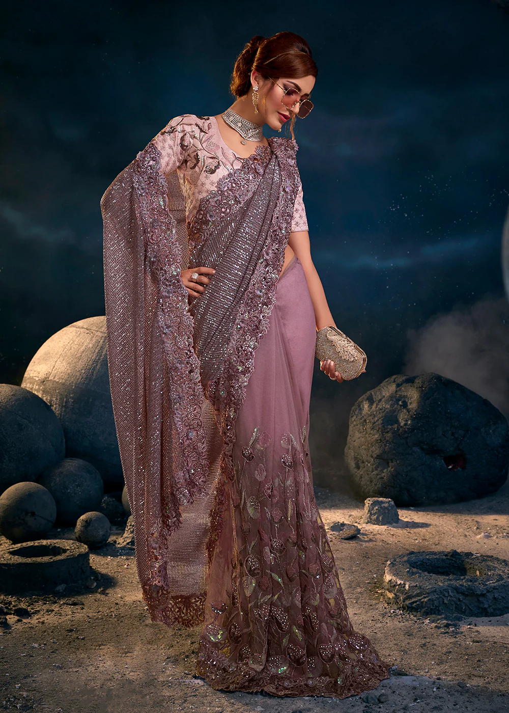 Light Purple Premium Net Heavy Embroidered Designer Saree - Image 4