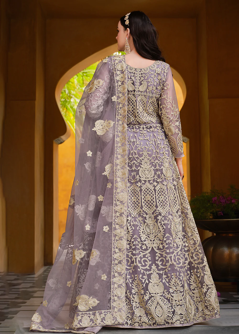 Light Purple Pure Butterfly Net Wedding Wear Anarkali Suit - Image 3