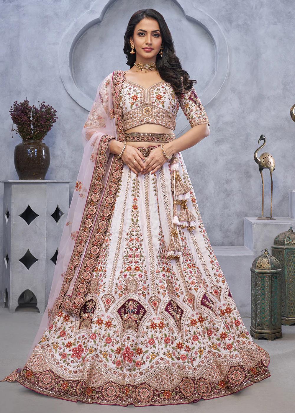 Light Purple Zari Paisley Embroidered Wedding Lehenga Choli