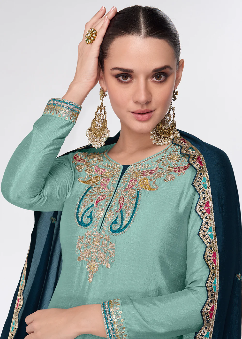 Light Turquoise Embroidred Wedding Lehenga Kurti Set - Image 2