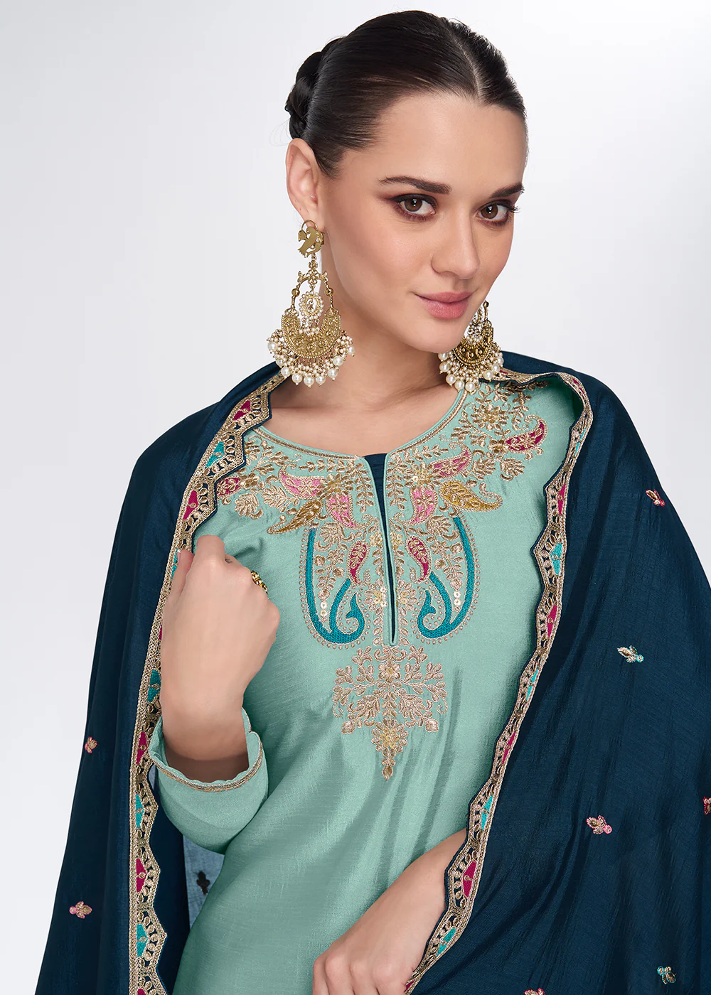 Light Turquoise Embroidred Wedding Lehenga Kurti Set - Image 3