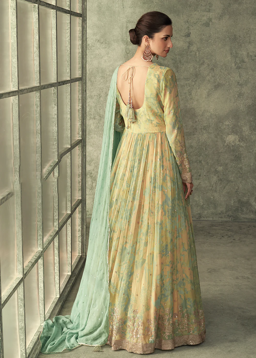 Light Yellow Georgette Embroidered Designer Wedding Gown - Image 3