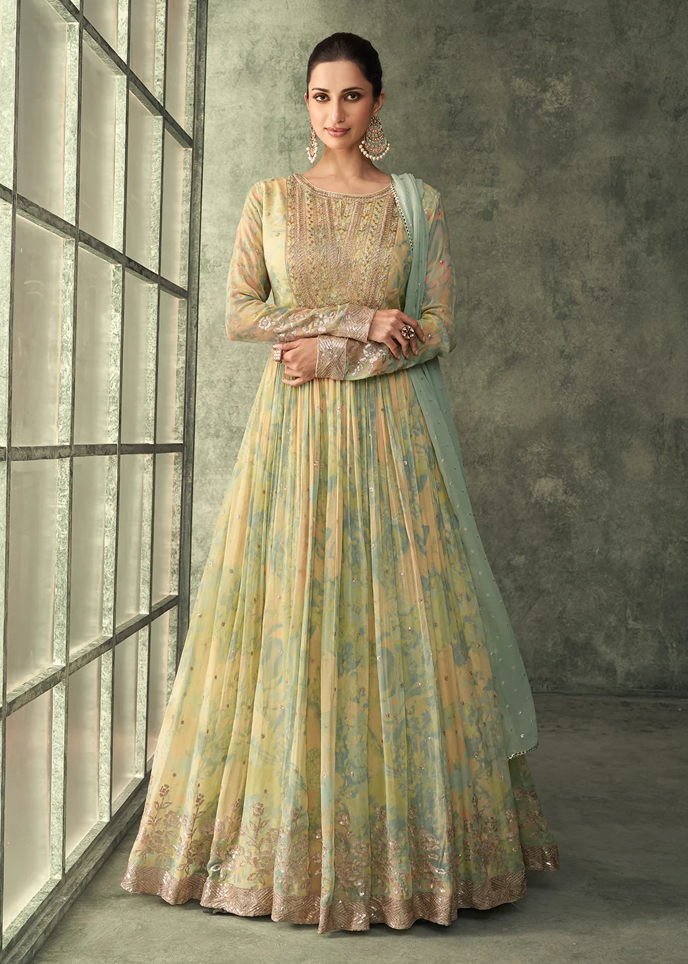 Light Yellow Georgette Embroidered Designer Wedding Gown - Image 4