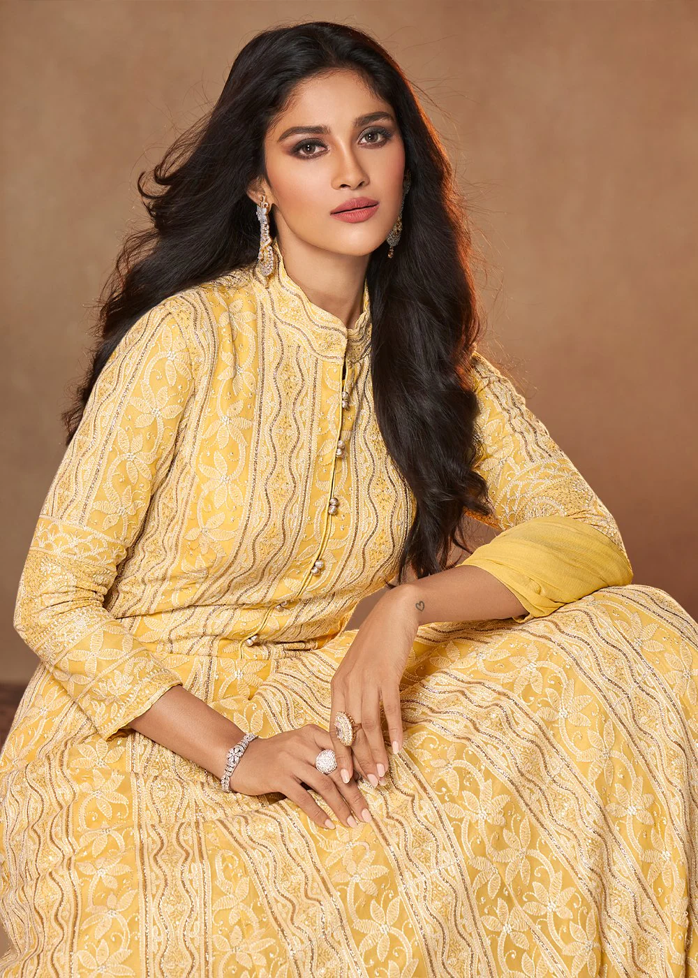 Light Yellow Lucknowi Style Georgette Anarkali Suit - Image 2