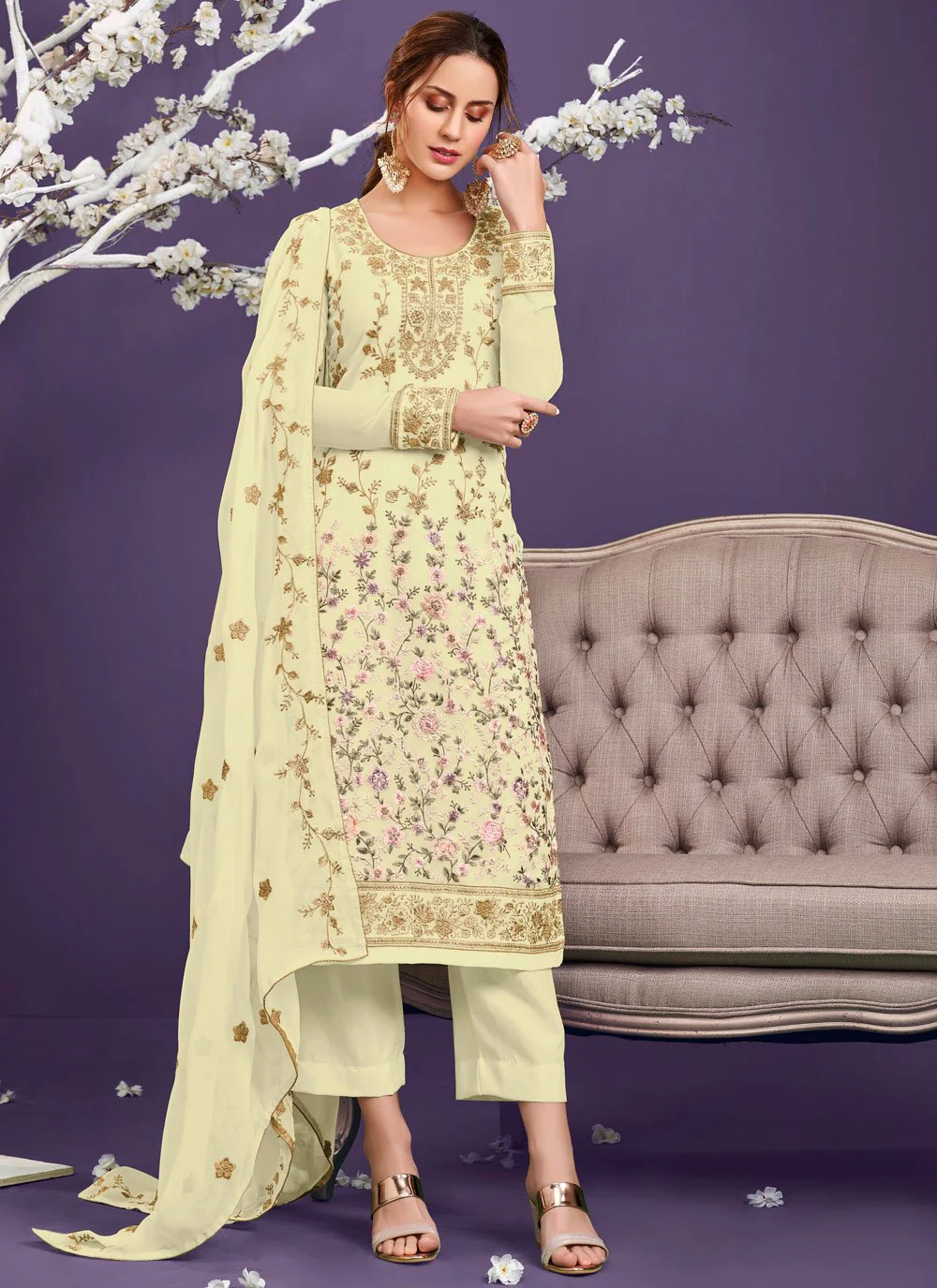 Light Yellow Pakistani Style Georgette Embroidered Salwar Suit