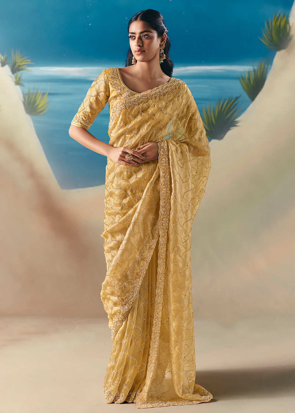 Light Yellow Satin Organza Fancy Designer Saree
