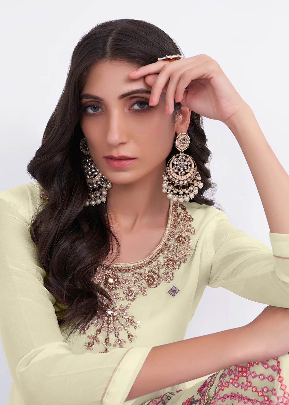 Light Yellow Sequins & Multi Thread Work Designer Sharara Suit - Image 3