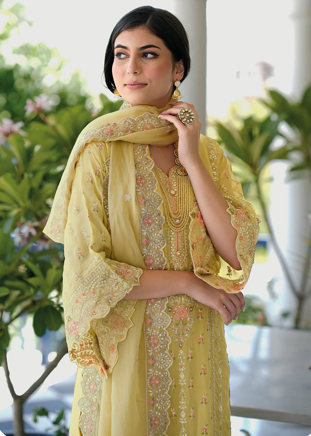 Light Yellow Soft Organza Embroidered Pant Style Salwar Suit - Image 2