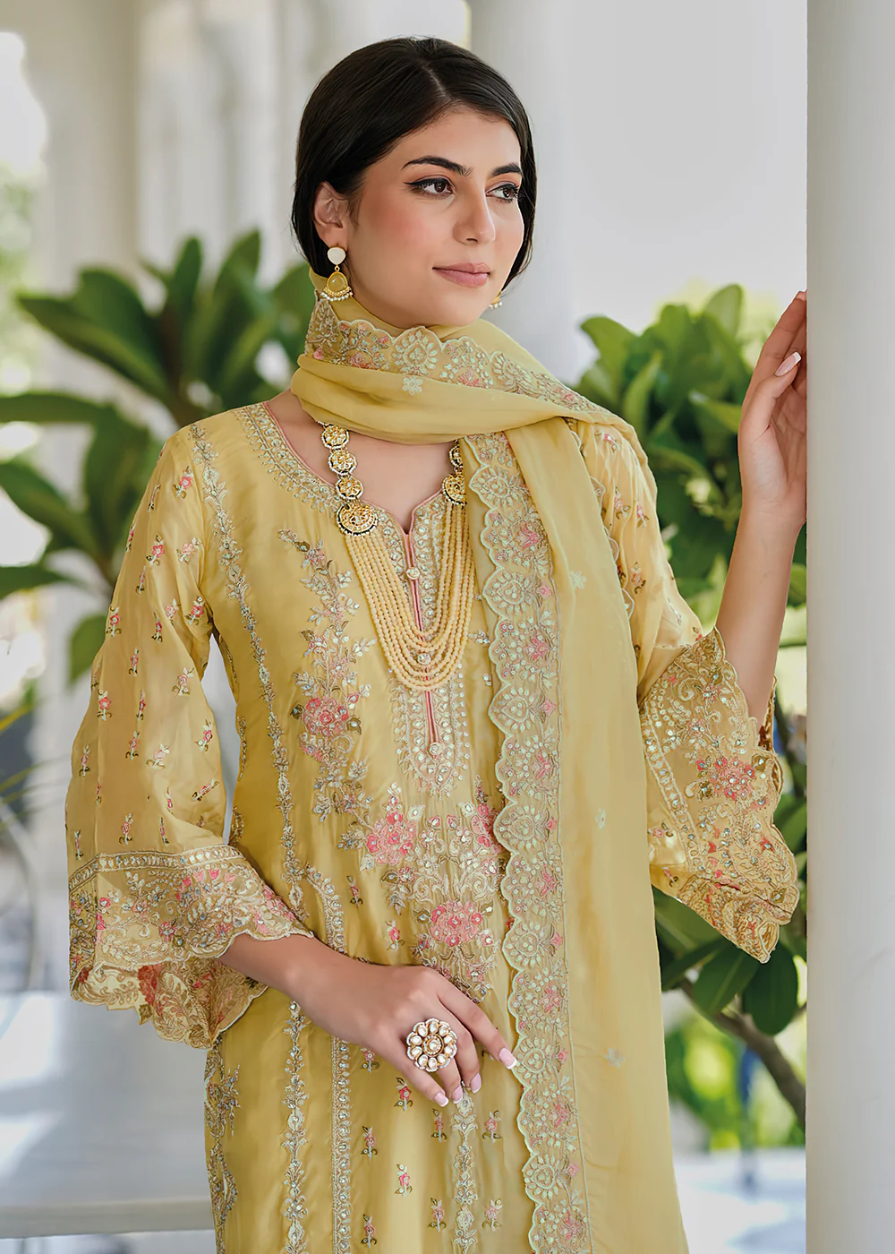 Light Yellow Soft Organza Embroidered Pant Style Salwar Suit - Image 4