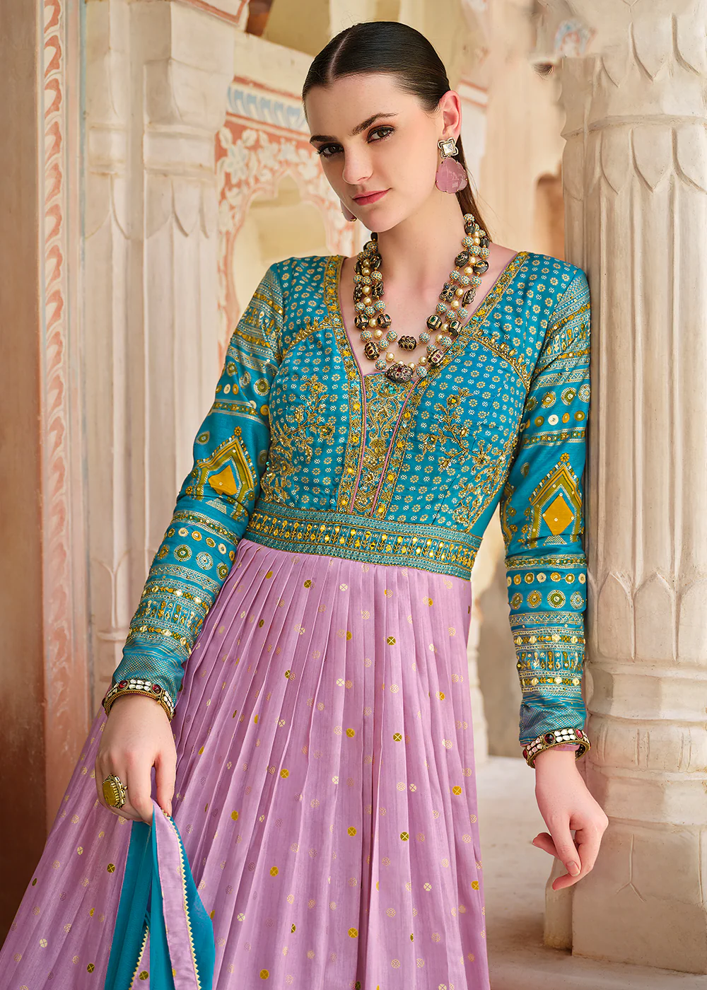 Lilac & Blue Silk Foil Printed & Embroidered Traditional Gown - Image 2