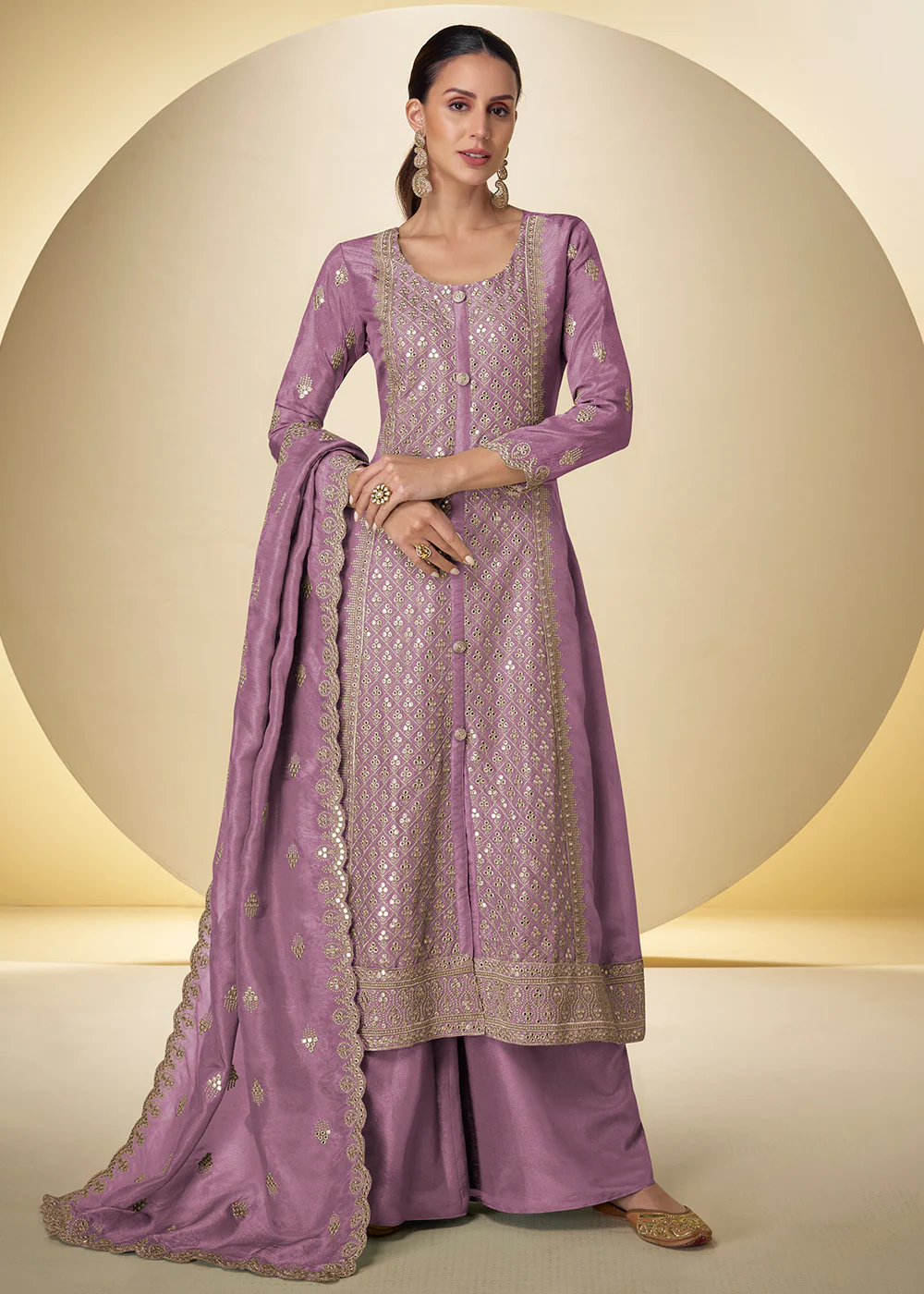 Lilac Front & Back Embroidered Shimmer Silk Palazzo Suit