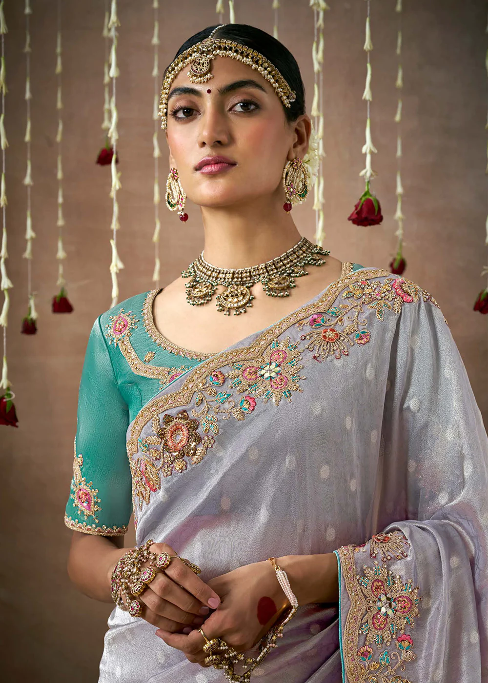 Lilac Grey Embroidered Silk Wedding Wear Saree - Image 2